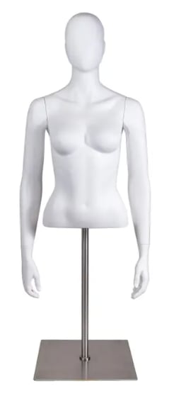 Female torso mannequin with egg head design and arms at sides mounted on weighted stainless steel square base for retail display