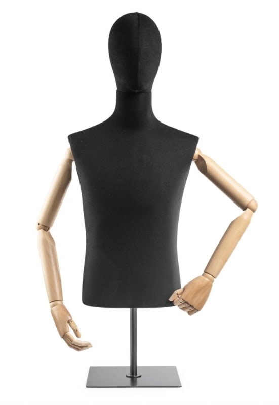 Male display dress form with bronze canvas torso on metal countertop base adjustable retail mannequin for boutiques and designers