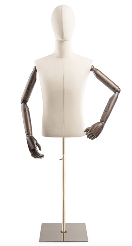 Male display dress form with bronze canvas torso on metal flat base adjustable retail mannequin for boutiques and designers