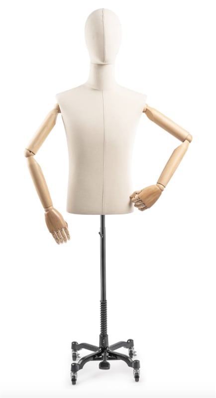 Male display dress form with bronze canvas torso on metal rolling base adjustable retail mannequin for boutiques and designers