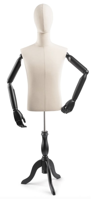 Male display dress form with natural canvas torso on wooden tripod base adjustable retail mannequin for boutiques and designers