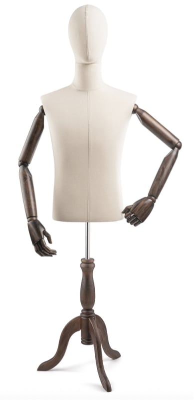 Male display dress form with natural canvas torso on wooden tripod base adjustable retail mannequin for boutiques and designers