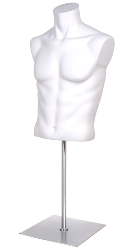 Male torso form matte white finish armless headless with square satin chrome base for retail display Male torso form matte white finish armless headless with square satin chrome base for retail display