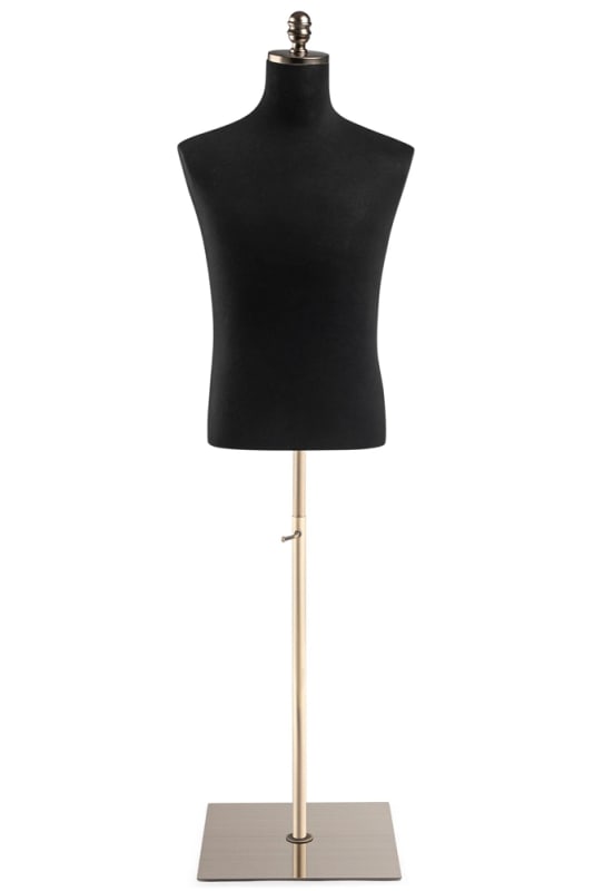 Male display dress form with natural canvas torso on flat metal base adjustable retail mannequin for boutiques and designers