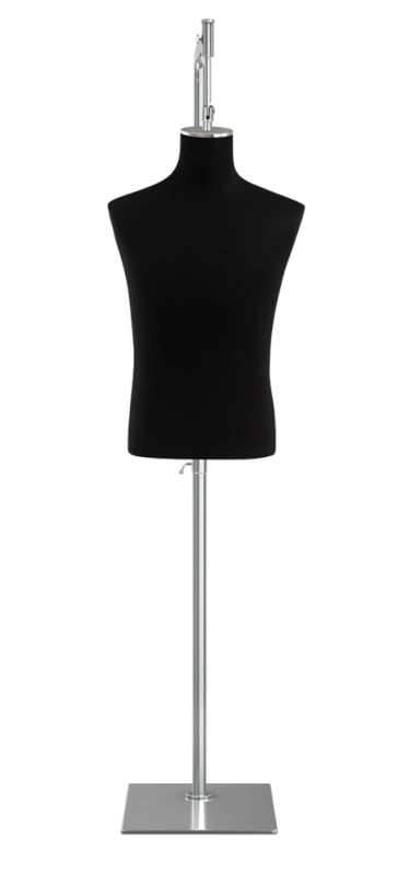 Male display dress form with natural canvas torso on metal hanging base adjustable retail mannequin for boutiques and designers