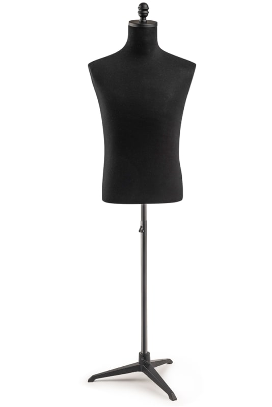 Male display dress form with natural canvas torso on metal tripod base adjustable retail mannequin for boutiques and designers