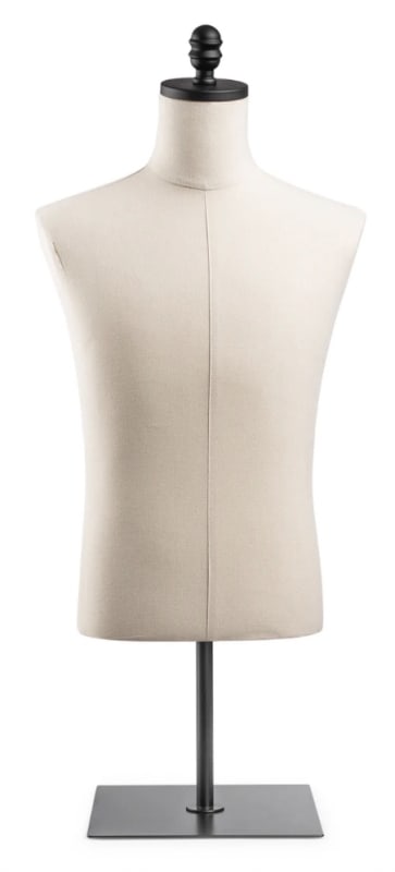 Male display dress form with natural canvas torso on flat metal countertop base - adjustable retail mannequin for boutiques and designers