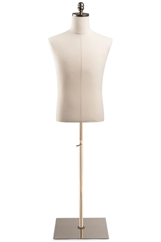 Male display dress form with natural canvas torso on flat metal base - adjustable retail mannequin for boutiques and designers