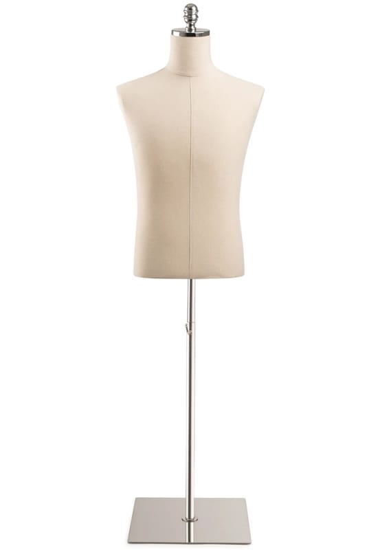 Male display dress form with natural canvas torso on flat metal base - adjustable retail mannequin for boutiques and designers