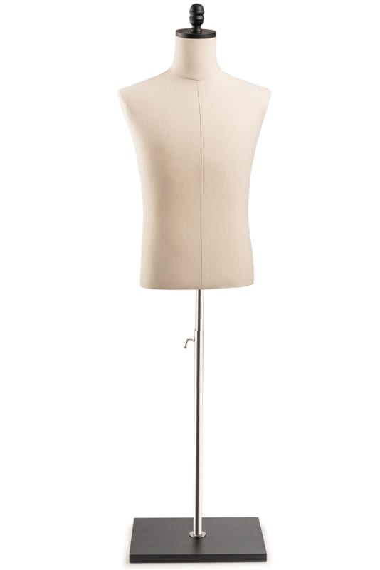 Male display dress form with natural canvas torso on wooden flat base  adjustable retail mannequin for boutiques and designers