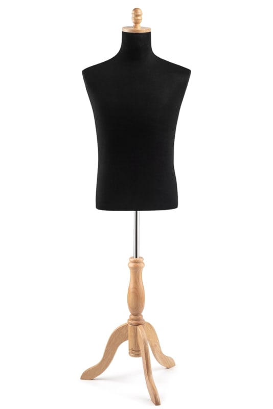 Male display dress form with natural canvas torso on wooden tripod base adjustable retail mannequin for boutiques and designers