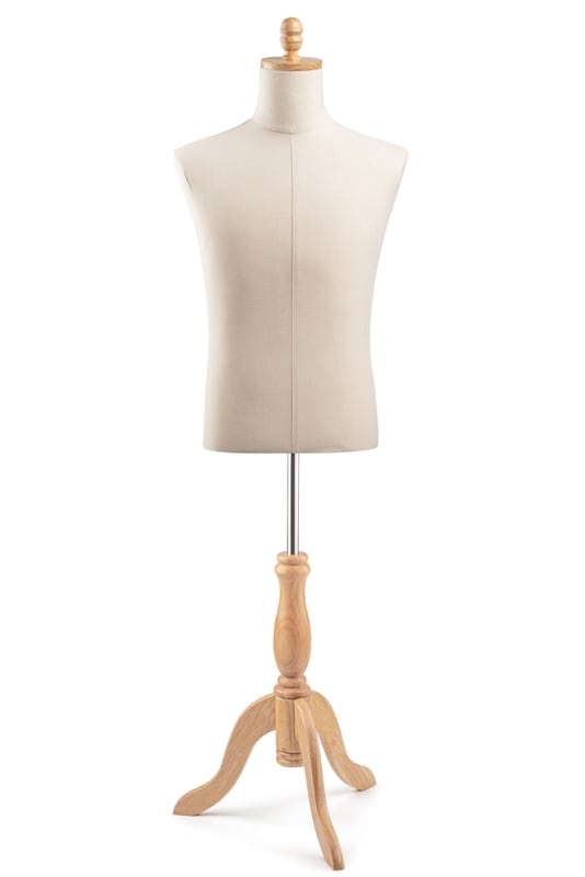 Male display dress form with natural canvas torso on wooden tripod base – adjustable retail mannequin for boutiques and designers
