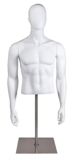 Male torso form with abstract egg head made of fiberglass featuring stainless steel stand and square weighted base for retail apparel display