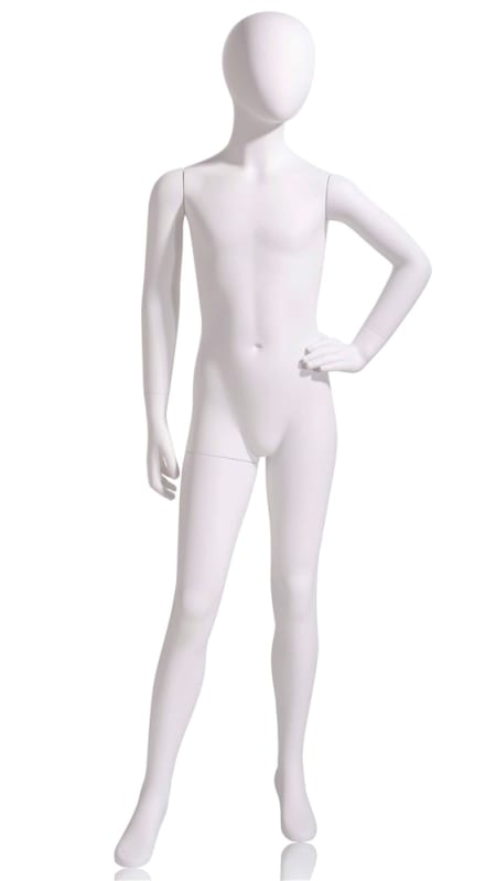 10 year old white fiberglass egg head child mannequin with hand on hip pose, removable limbs, and round base 10 year old white fiberglass egg head child mannequin with hand on hip pose, removable limbs, and round base
