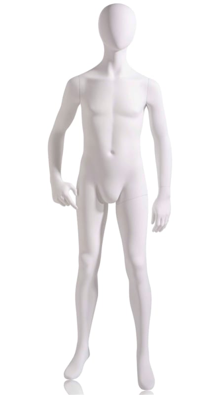 12 year old white fiberglass egg head child mannequin with hand on hip pose, removable limbs, and round base for retail displays 12 year old white fiberglass egg head child mannequin with hand on hip pose, removable limbs, and round base for retail displays