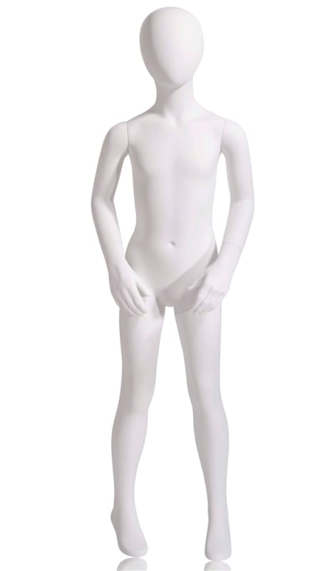 8 year old white fiberglass egg head mannequin with arm bent pose and round base for children's apparel display