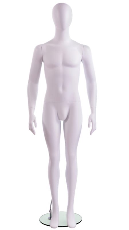 White male mannequin with oval head standing straight on glass base with molded wedge foot
