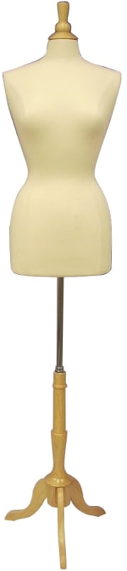 Female size 10/12 dress form covered in foam with a natural wood tripod base for sewing and retail display.