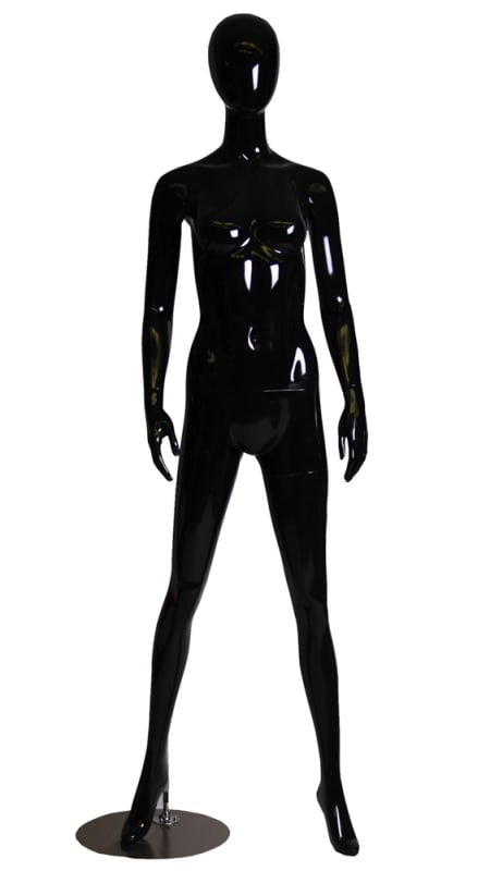 Glossy black female egg head mannequin made of fiberglass with a matching base and dual support rods.