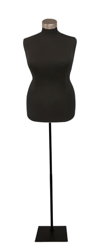 Professional size 18/20 black foam female dress form with black metal tripod base and chrome neck cap for retail clothing display. Professional size 18/20 black foam female dress form with black metal tripod base and chrome neck cap for retail clothing display.