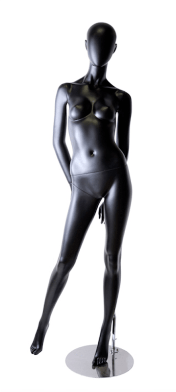 Matte black abstract head female mannequin standing with hands behind back and removable limbs for fashion retail display