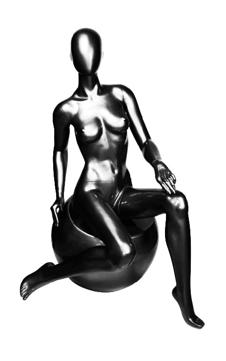 Glossy black abstract head female mannequin seated with hands in lap and removable limbs for modern fashion retail display
