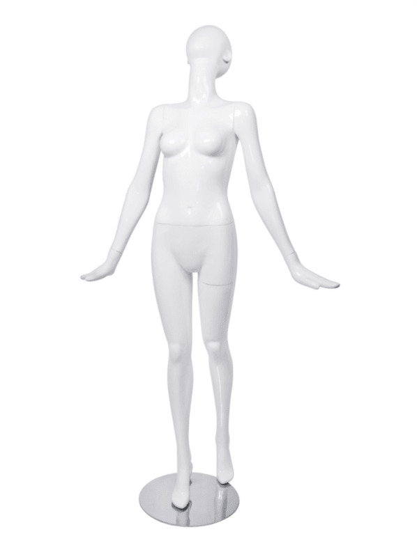 Glossy white abstract head female mannequin with arms flared and head looking up for fashion retail display Glossy white abstract head female mannequin with arms flared and head looking up for fashion retail display