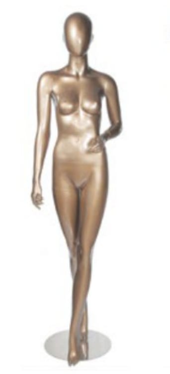 Metallic pewter abstract head female mannequin walking pose with bent left arm and removable limbs for retail display Metallic pewter abstract head female mannequin walking pose with bent left arm and removable limbs for retail display