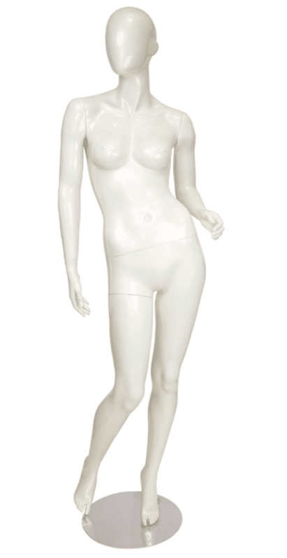 Pearl white abstract head female mannequin with knee bent hip out pose and removable limbs for fashion retail display Pearl white abstract head female mannequin with knee bent hip out pose and removable limbs for fashion retail display