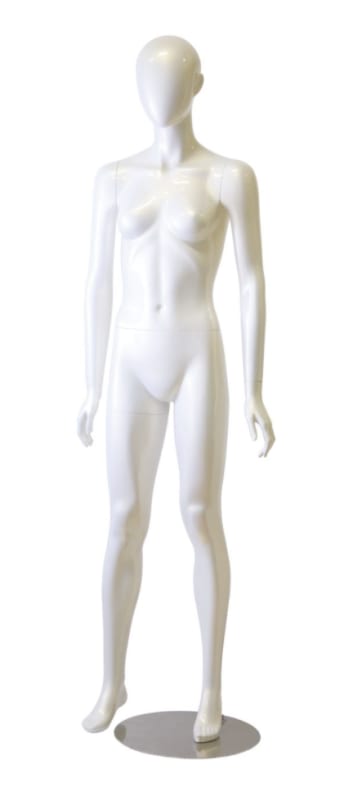 Pearl white abstract head female mannequin standing with legs apart and removable limbs for fashion retail display Pearl white abstract head female mannequin standing with legs apart and removable limbs for fashion retail display