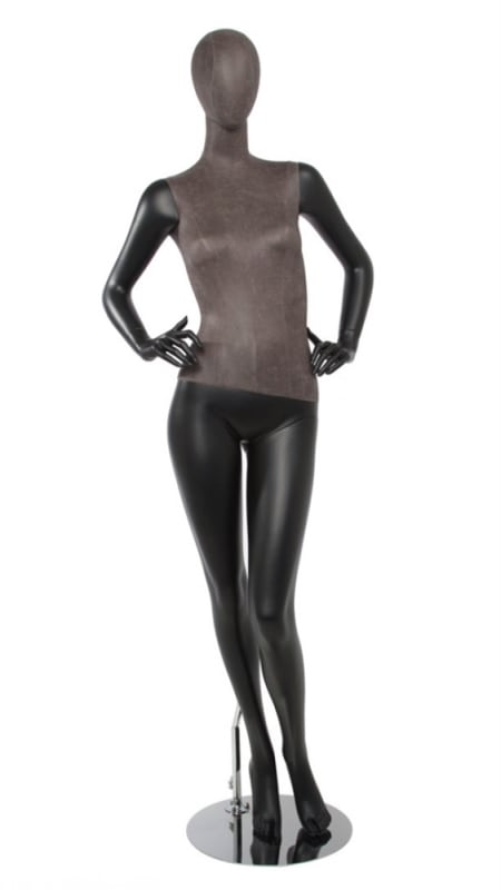 Distressed leather-like mixed fabric female mannequin in matte black with hands-on-hip pose from Zing Display. Ideal for displaying designer clothing and accessories in boutiques, fashion stores, and retail showrooms.