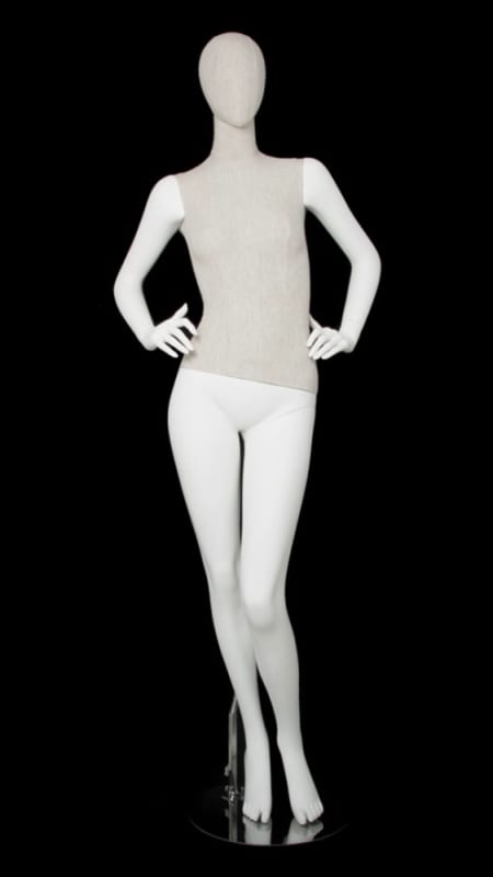 linen female mannequin hands on hip retail display zing display