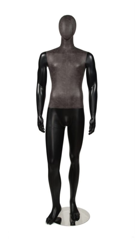 distressed leather look male mannequin matte black right leg bent retail display zing display