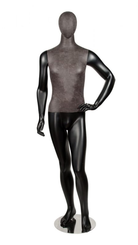 distressed leather look male mannequin matte black hand on hip retail display zing display