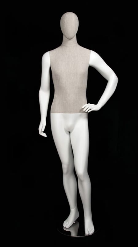 linen mixed fabric male mannequin matte white hand on hip retail display zing display