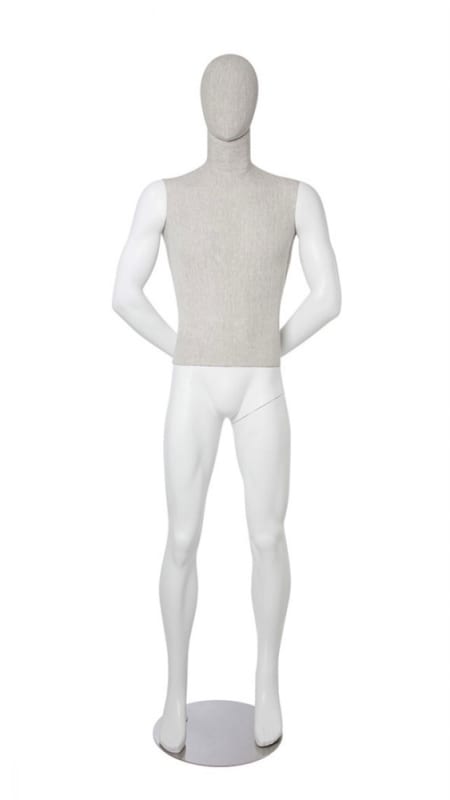 : Linen mixed fabric male mannequin in matte white finish with linen-textured head and torso, hands-behind-back standing pose, and removable head – Zing Display