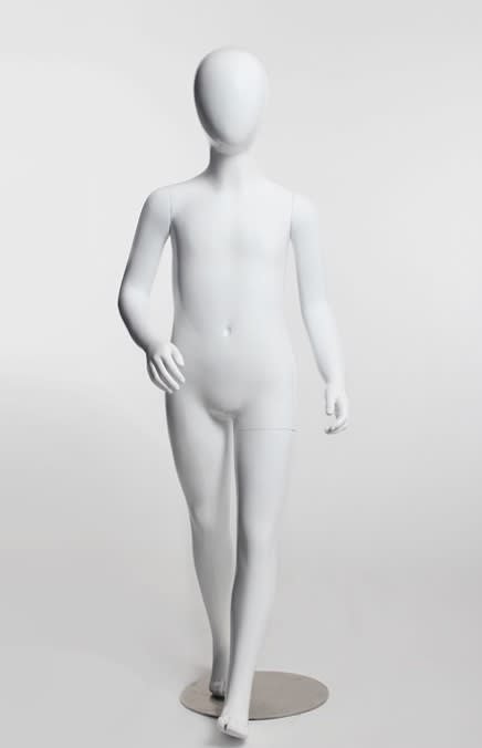 Glossy white fiberglass child mannequin in a walking pose with a round metal base.