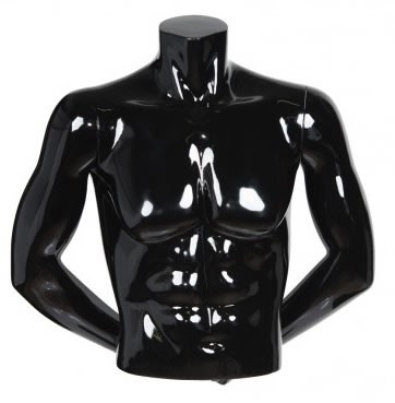 glossy black headless male half torso mannequin arms behind back retail display zing display