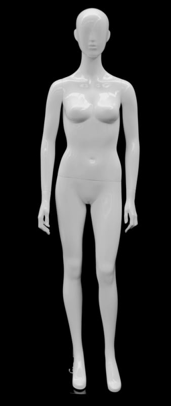 Egghead female mannequin in high gloss white fiberglass with a round chrome metal base in a standing pose.
