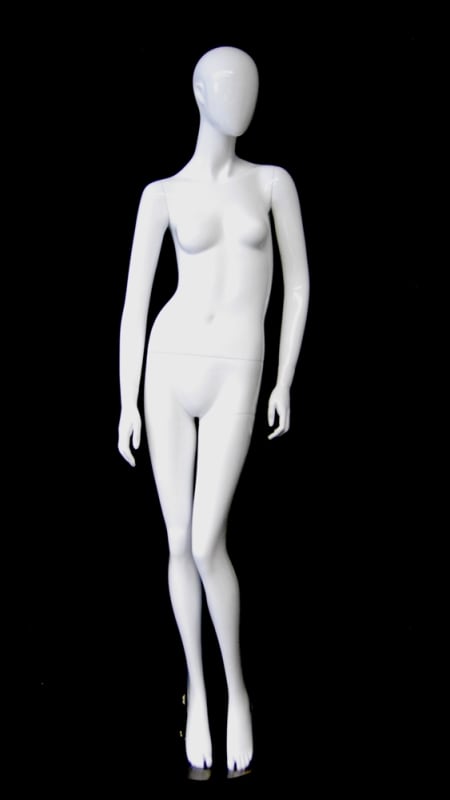 Elegant female abstract head mannequin in gloss white fiberglass with a left leg bent pose and a round metal base.