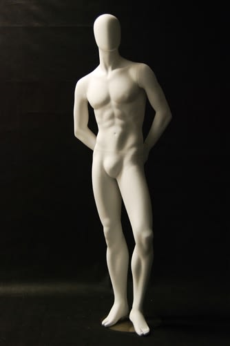 Matte white egghead male mannequin with arms behind back for retail clothing display and fashion merchandising