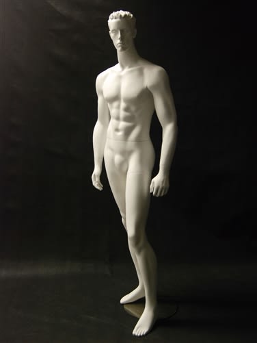 White male mannequin with molded hair designed for retail clothing displays and fashion presentation