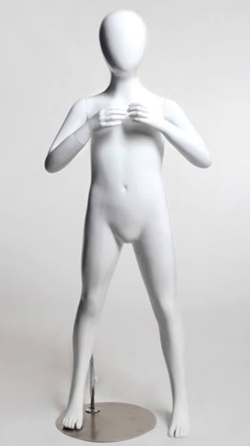 4-year-old child mannequin in glossy white fiberglass with egghead design and brushed metal base for retail clothing display.