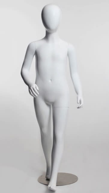 Matte white 5-year-old child fiberglass mannequin with egghead design and a sturdy brushed metal base.