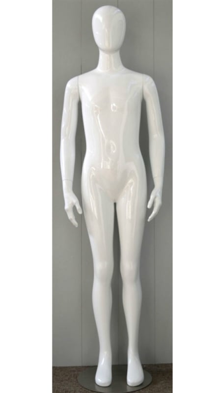 Glossy white fiberglass 12-year-old child mannequin with egghead design and metal base for retail clothing. Glossy white fiberglass 12-year-old child mannequin with egghead design and metal base for retail clothing.