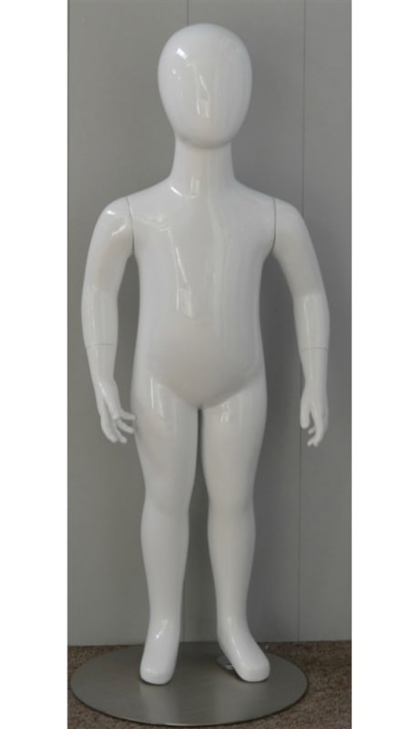 Standing 2-year-old child egghead mannequin in glossy white fiberglass with metal base for retail clothing display.