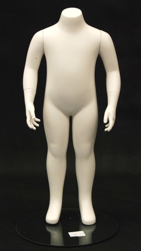 Matte white fiberglass headless child mannequin in a standing pose for 2-3 year old toddler clothing retail display.