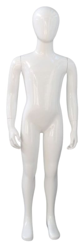 White 6-year-old child egghead mannequin made of fiberglass standing on a durable base.
