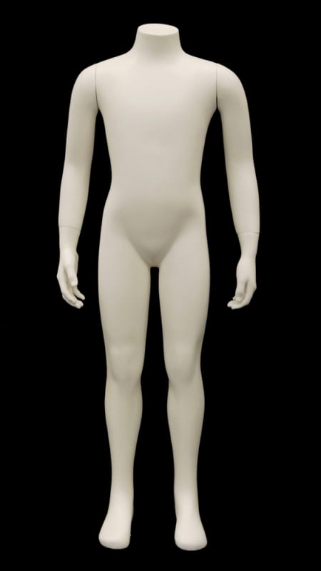 Matte white fiberglass headless child mannequin for toddler clothing display featuring a standing pose and stable base.
