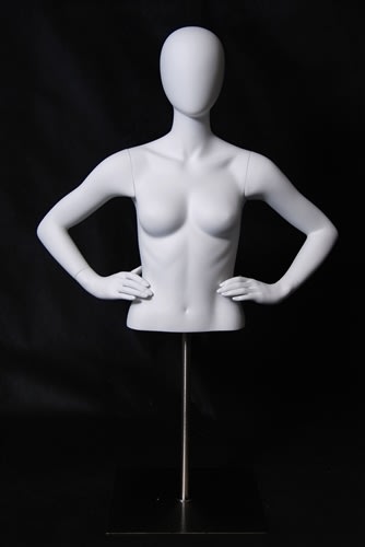 Female half torso mannequin in matte white plastic with hands on hips and a polished chrome base for retail clothing display. Female half torso mannequin in matte white plastic with hands on hips and a polished chrome base for retail clothing display.